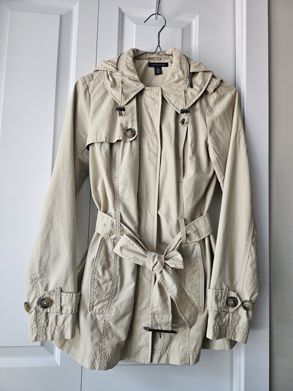 Tommy Hilfiger Cream Hooded Trench Coat with Tie Waist